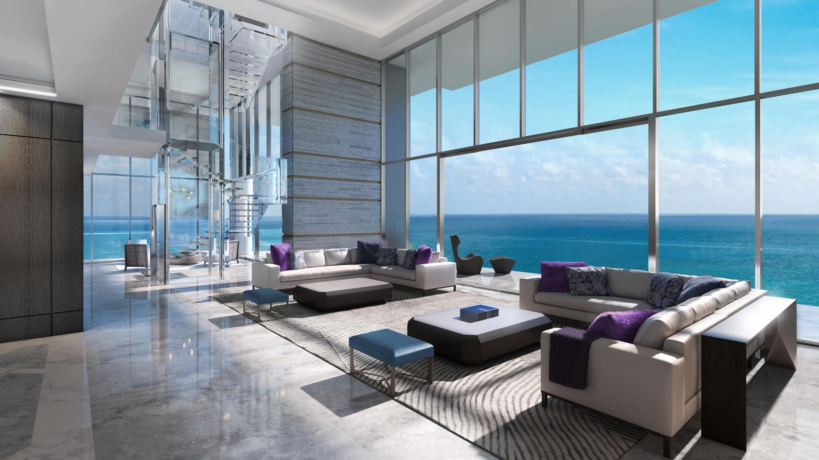 Contemporary penthouse living room with floor-to-ceiling ocean views designed by Jacqui Boyd Interiors