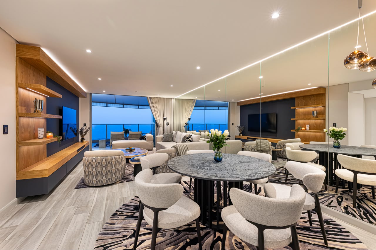 Open plan dining and living area with ocean views