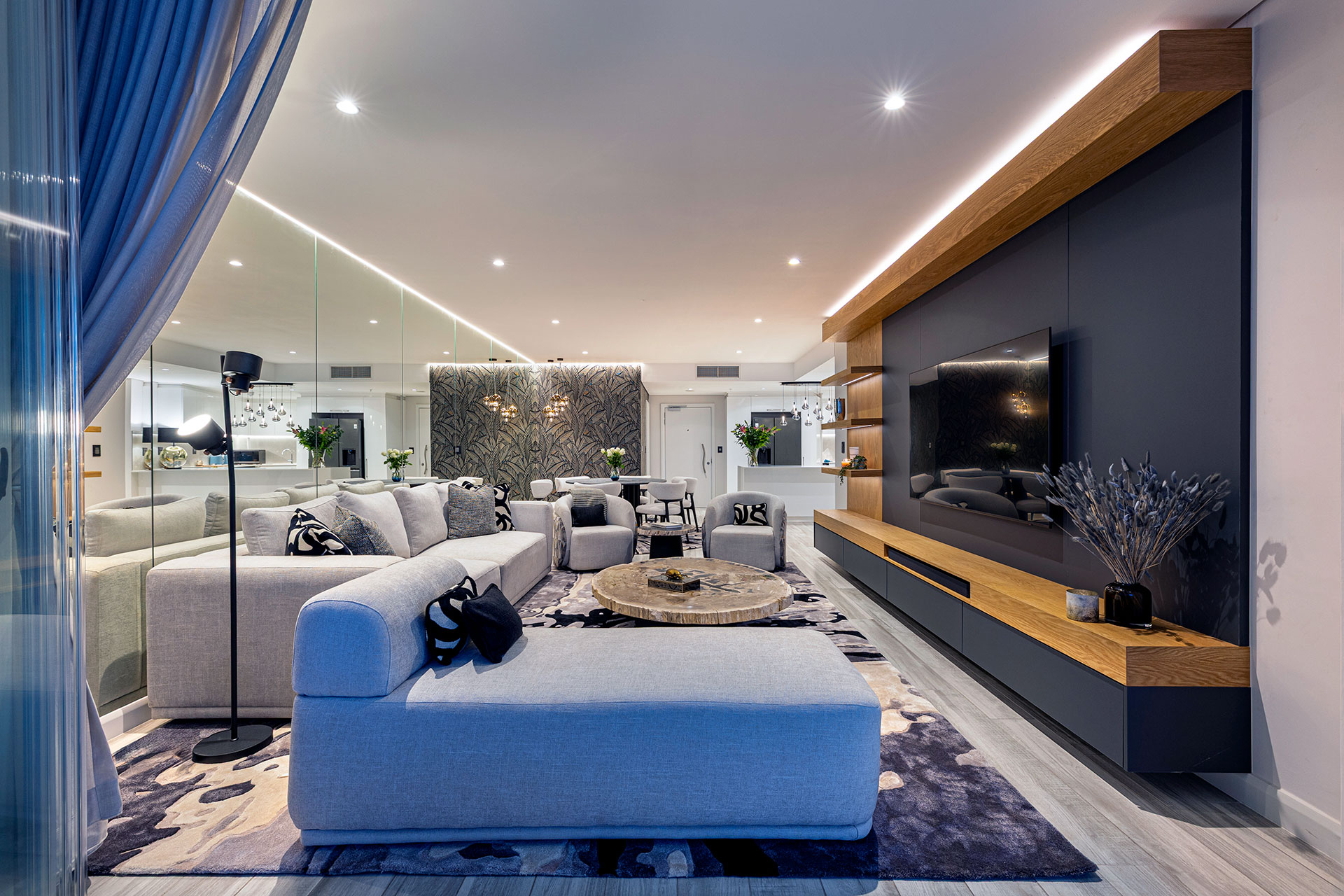 Living room with petrified wood coffee table