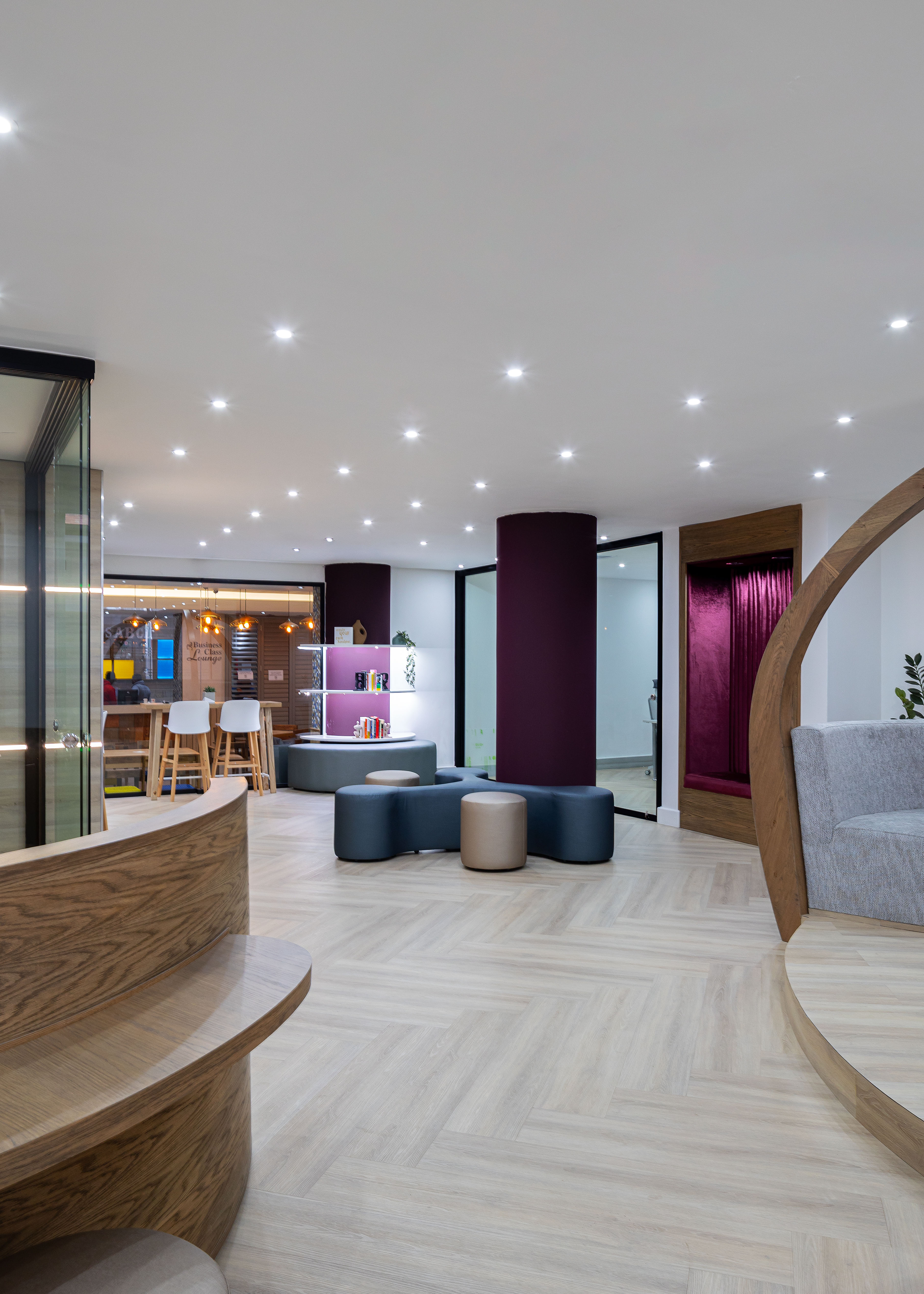 Student lounge with mustard banquette seating